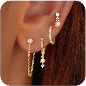 NEW! Set of 4 Gold Earrings for Women, 14k Gold Plated Dangle Huggie Earrings